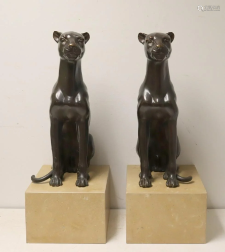 2 Bronze Cat Sculptures On Stands.