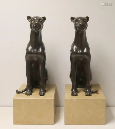 2 Bronze Cat Sculptures On Stands.