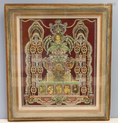 Antique Large Framed Bejeweled Folk Art