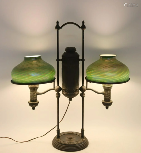 Tiffany Studios Bronze Double Shade Oil Lamp