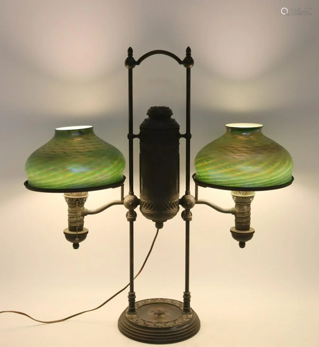 Tiffany Studios Bronze Double Shade Oil Lamp