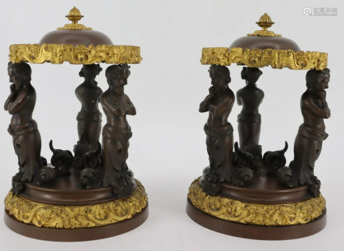 An Antique Pair Of Gilt & Patinated Bronze Figural