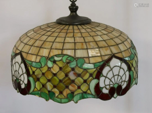 Large Tiffany Style Leaded Glass Chandelier.