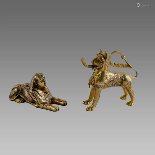 Middle eastern Silver inlaid on Brass Sphinx, Lion.