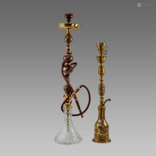 Antique Middle eastern Brass Hookah Silver Inlaid.