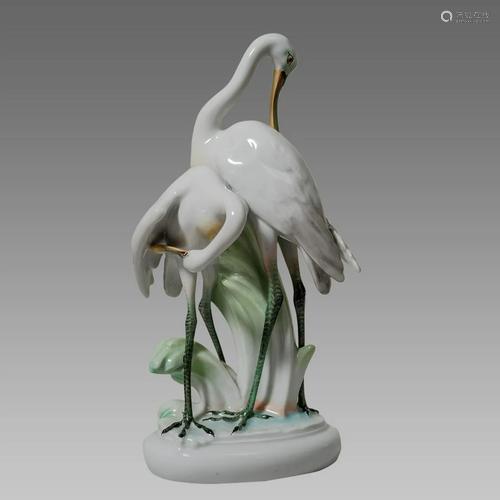 Porcelain Cranes figurine. signed HEREND HUNGARY.