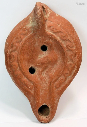 Ancient Roman Red Clay Oil Lamp with Bird c.200 AD.