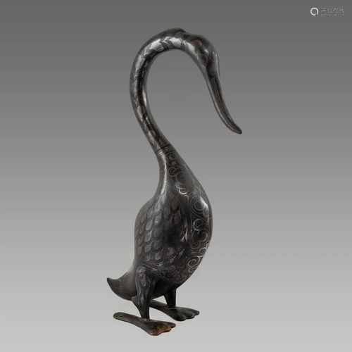 Large Persian Qajar Style Metal Swan with silver