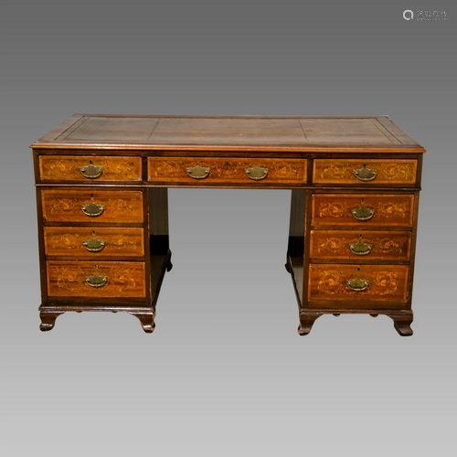 French c.19th century Leather Top Desk With Marquetry