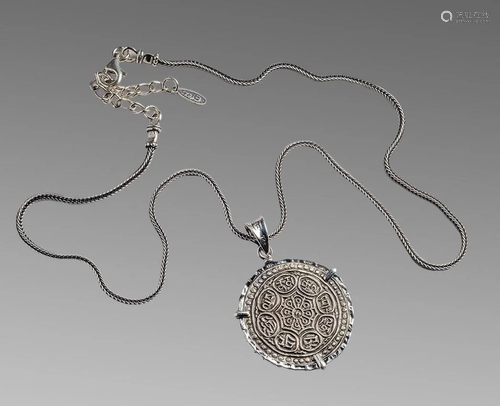 Antique Silver coin Tibet Tangka set in Silver Necklace