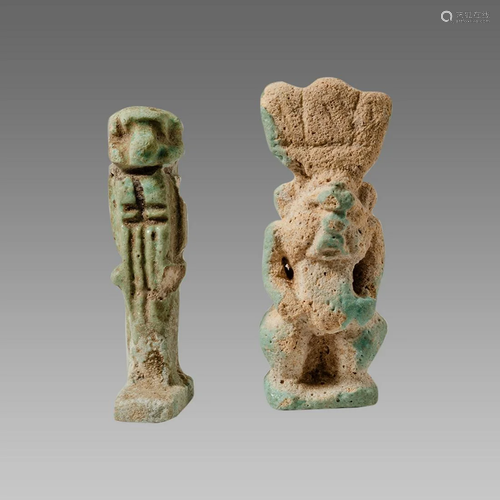 Lot of 2 Ancient Egyptian Faience Bes, Khnum Amulets