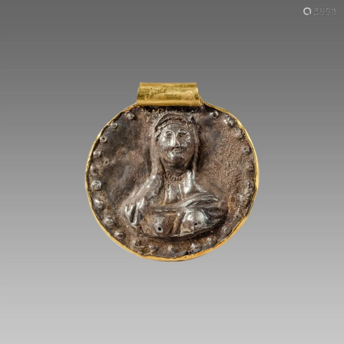 Roman Style silver and gold medallion with female bust.