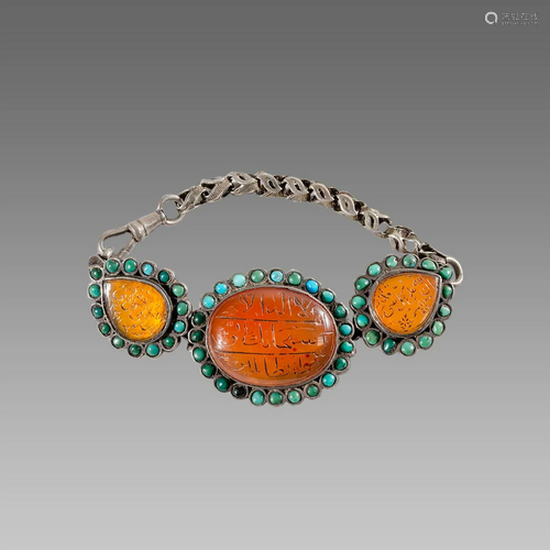 Antique Persian Qajar Silver Bracelet with Agate Seals.