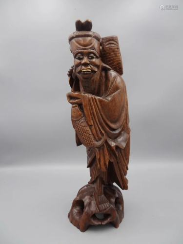 ANTIQUE EXOTIC WOOD CHINESE FISHERMAN STATUE
