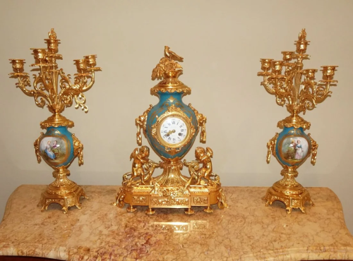 ANTIQUE FRENCH H. LUPPENS GILT BRONZE CHERUB CLOCK SET