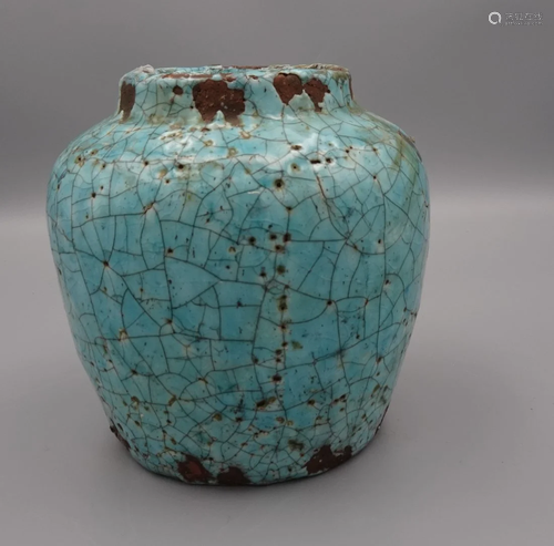 EARLY CHINESE ROBBINS EGG GLAZE TERRACOTTA JAR