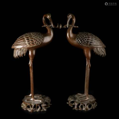 pair of chinese bronze crane ornaments