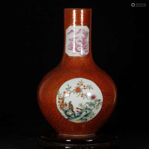 chinese red glazed porcelain vase with framed design