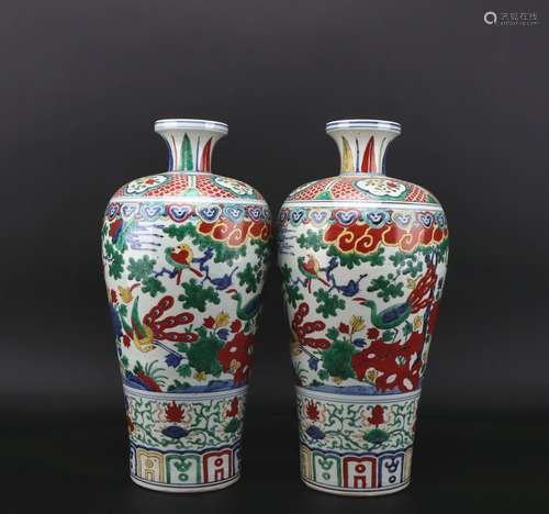 A pair of Wu cai 'phoenix' vase