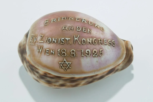 A CARVED COWRY SHELL COMMORATING THE 14TH ZIONIST