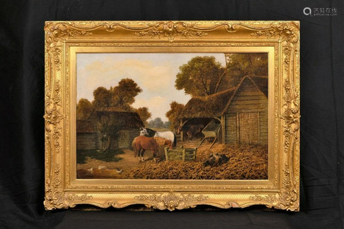 Farm Horses, Pigs, and Chickens Oil Painting