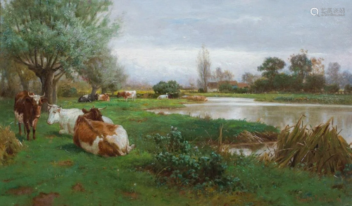 Cattle Resting River Meadow Landscape Oil Painting