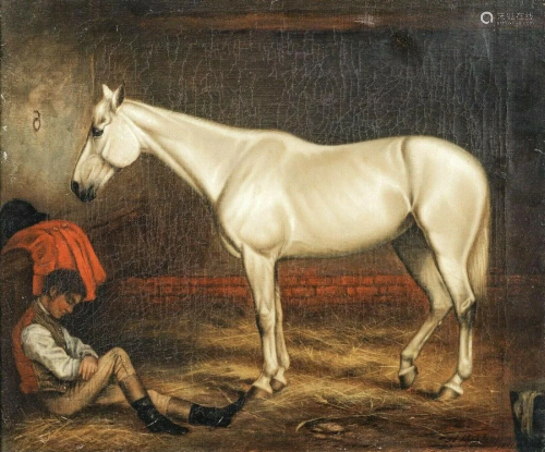 Portrait White Arabian Horse In Stable Oil Painting