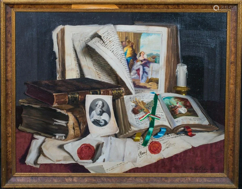 Still Life Antique Books & Papers Oil Painting