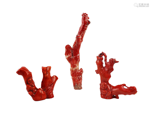 Three Hand Carved Chinese Red Coral Figures