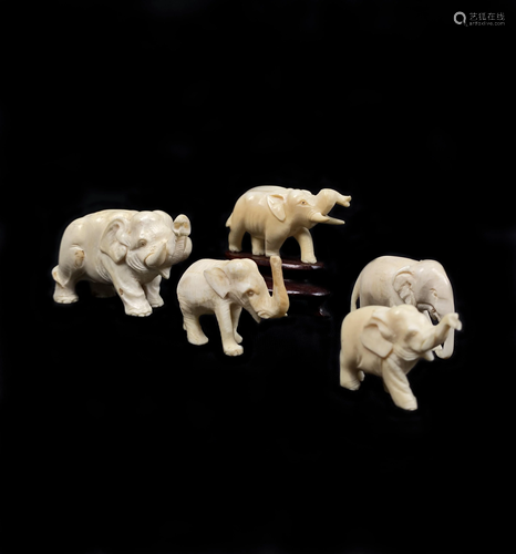 Lot of 5 Hand Carved Elephants Figures