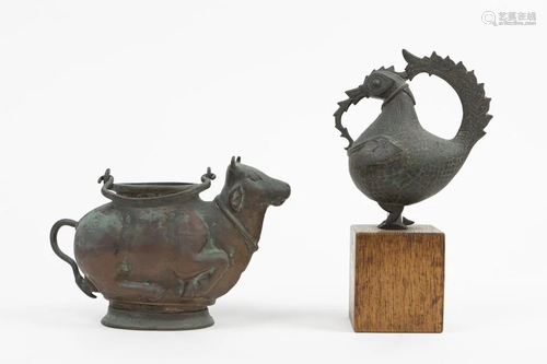 CHINESE COPPER ALLOY WINE SERVER AND A SCULPTURE