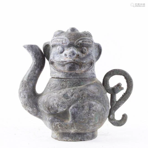 ANTIQUE FIGURAL METAL TEAPOT, OF A LION