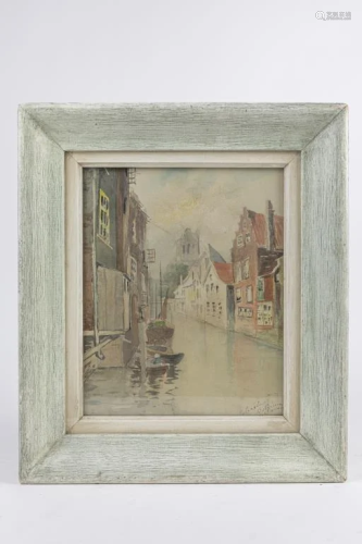 FRAMED WATERCOLOR PAINTING OF A CANAL CITY