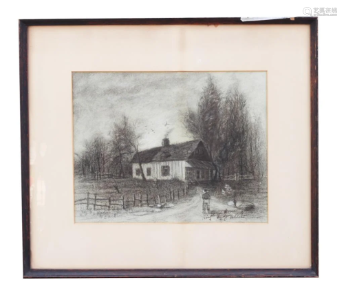 FRAMED DRAWING OF A FARMER AND A HOUSE