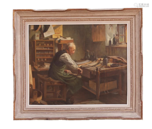 FRAMED OIL ON CANVAS PAINTING OF A SHOE MAKER