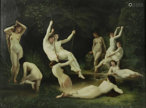 OIL PAINTING OF NYMPHS IN GARDEN