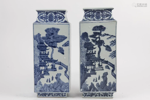 PAIR OF CHINESE BLUE AND WHITE SQUARE VASES