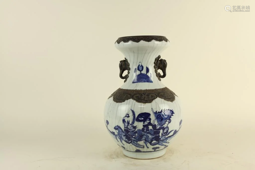 BLUE AND WHITE BOTTLE VASE WITH METAL TRIMS