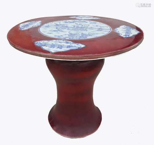 IRON RED PORCELAIN TABLE WITH BLUE AND WHITE DECOR