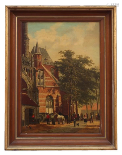 DUTCH OIL ON BOARD PAINTING OF A TOWN SCENE