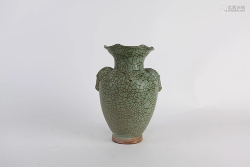 CHINESE CRACKLE VASE WITH RAISED ANIMAL HANDLES