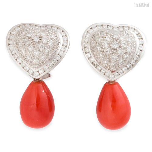 A pair of coral, diamond and platinum earrings