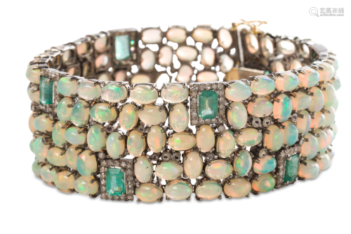 An opal, emerald and diamond bracelet