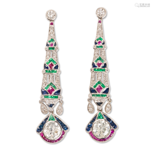 A pair of diamond, gemstone and platinum earrings