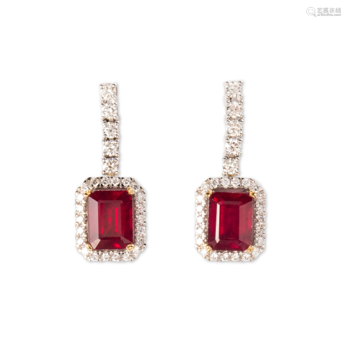 A pair of glass-filled ruby, diamond and fourteen karat