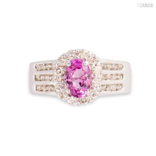 A pink sapphire, diamond and eighteen karat white gold