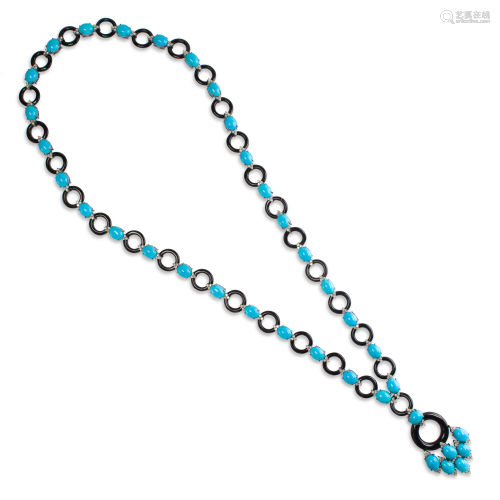 A turquoise, black chalcedony, diamond and silver