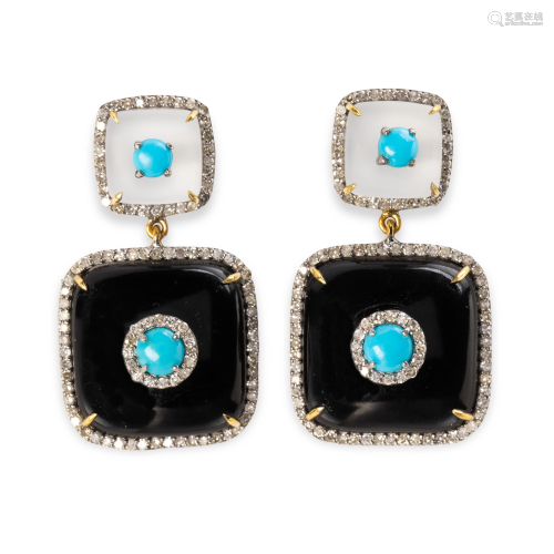 A pair of turquoise, diamond, black chalcedony and rock