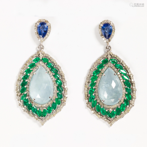 A pair of aquamarine and diamond pendant earrings