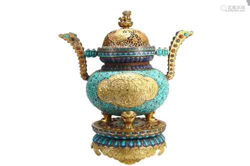 TURQUOISE STONE INLAID GILT COPPER ALLOY INCENSE CENSER